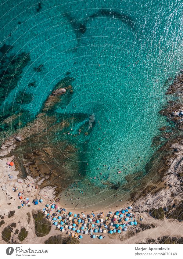 Aerial view of beach on Greek Chalkidiki Khalkidhiki Sithonia Chalkidiki drone seaside coastline Coast Beach Beach vacation Vacation & Travel Vacation mood