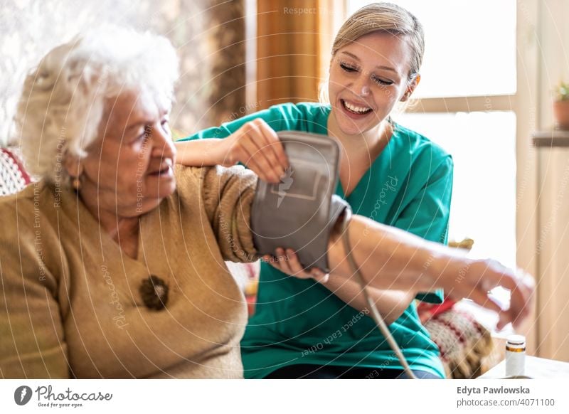 Female caretaker measuring senior woman's blood pressure at home real people candid genuine mature female Caucasian elderly house old aging domestic life