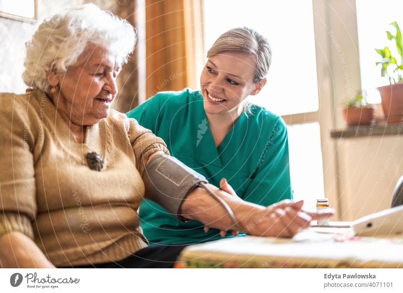 Female caretaker measuring senior woman's blood pressure at home real people candid genuine mature female Caucasian elderly house old aging domestic life