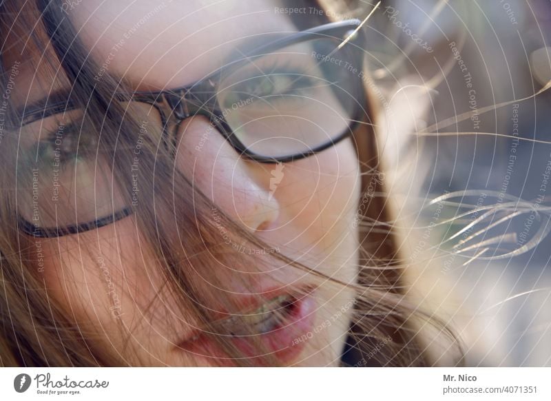 Portrait with glasses and braces Eyeglasses Eyes portrait Face Looking Looking into the camera Head Hair and hairstyles wisp Strand of hair Mouth Braces