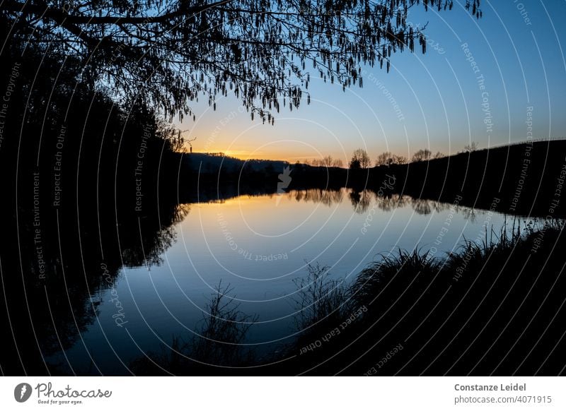 Sunset at the lake at the blue hour Interesting pictures Nature Reflections Water Lake Dusk Blue sunset Sky Evening Landscape Twilight Relaxation Lakeside