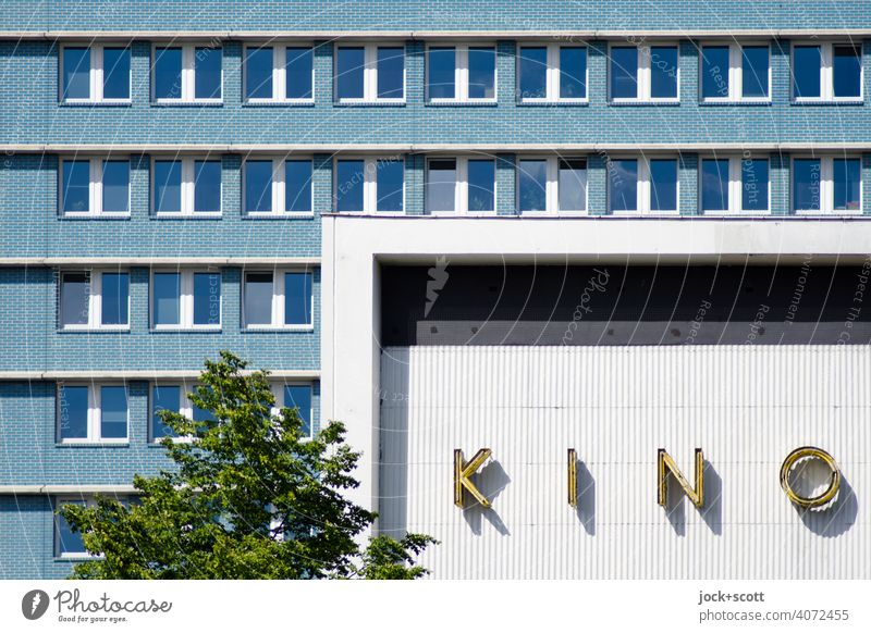 Cinema lettering on the facade of an international movie theater Architecture Word Typography Facade Window Deciduous tree Capital letter Building Sunlight