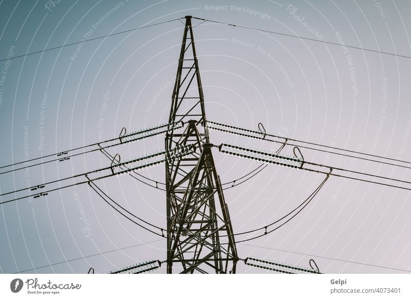 High-voltage tower electricity cable line energy structure industry industrial supply grid wire electrical pylon technology transmission power high sky