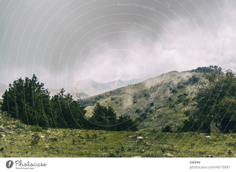 cloudy day with fog in the mountains of the natural park of the ports, in tarragona (spain) eroded layered canyon nature outdoors travel destinations descent