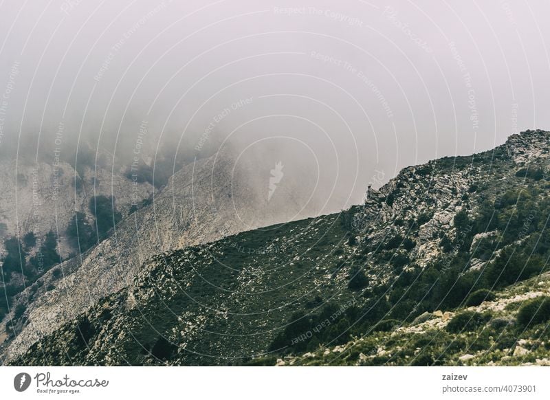 cloudy day with fog in the mountains of the natural park of the ports, in tarragona (spain) eroded layered canyon nature outdoors travel destinations descent