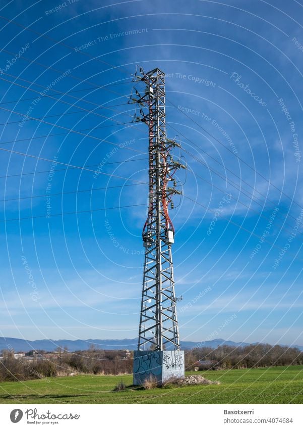 Medium voltage pylon in the landscape. Vitoria, Basque Country, Spain Electricity pylon medium voltage power supply Pole power line stream Energy Technology