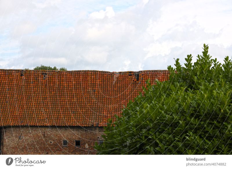 roof damage Roof Damage Broken roof tiles Barn Tree bush Green leaves Sky Old Brick Window Clouds cloudy Blue Red Historic Farm Agriculture