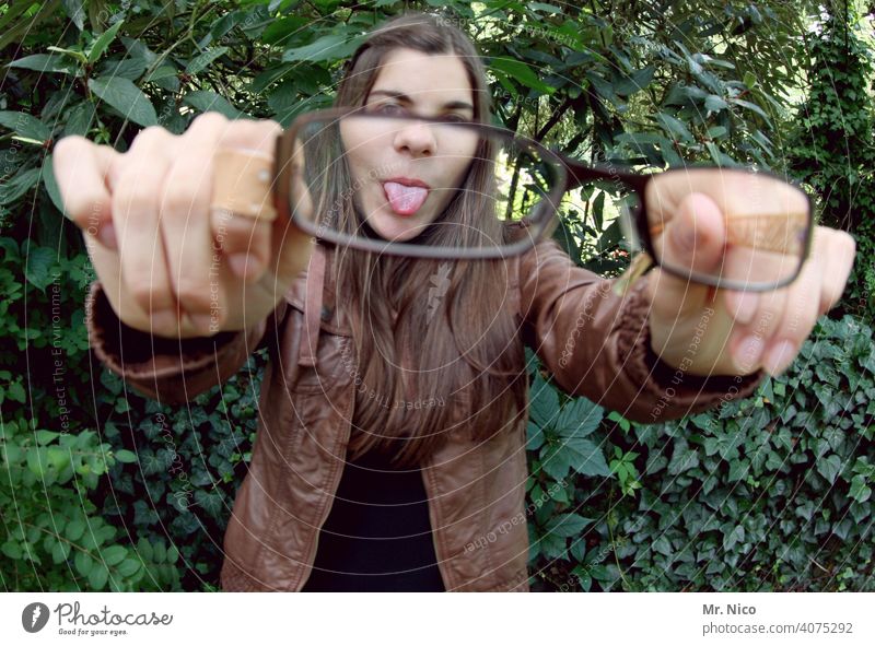 Bäääh portrait Self-confident Girl power Hair and hairstyles Expression fisheye Eyeglasses Long-haired Plant Nature Gesture Symbols and metaphors feminine Green