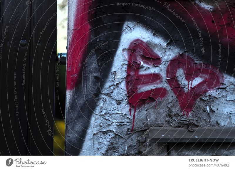 First name | E-Heart Declaration of love to all whose name starts with 'E' - a thick red E in front of a thick red heart on a silver white background, below a graffiti detail on an old wall