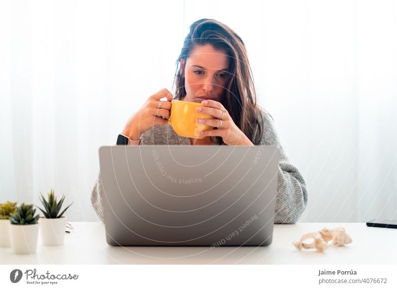 young woman teleworking at home with computer spectacles service one person call communication female businesswoman beautiful european people professional