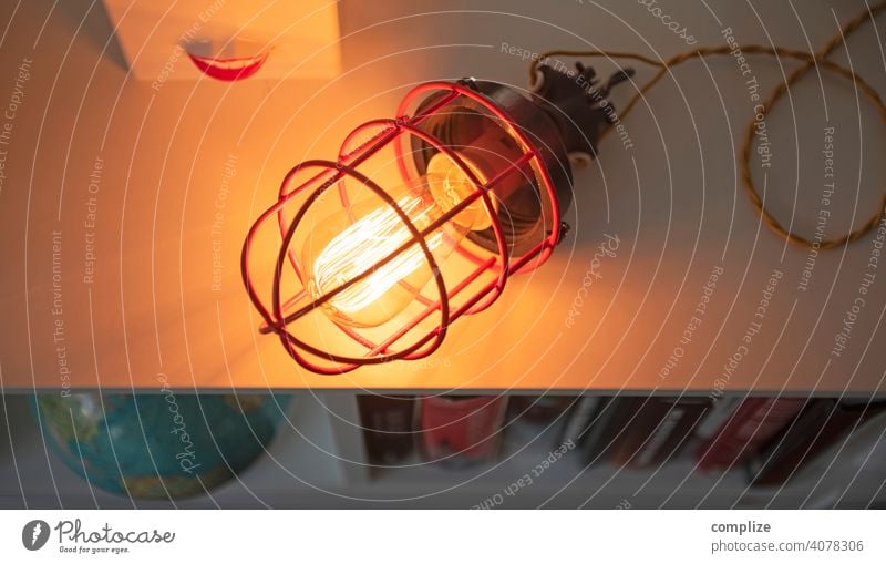 Vintage Bunker Lamp on Sideboard Light (Natural Phenomenon) Artificial light Night Twilight Copy Space right Copy Space left Interior shot Grating Electric bulb