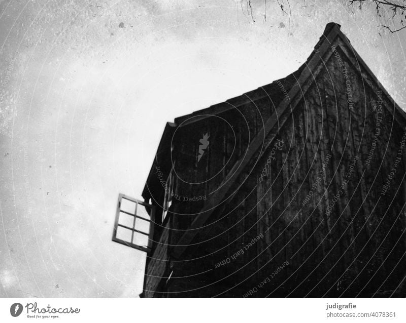 Airing - Open window on an old house Ventilate Window House (Residential Structure) Gable end pediment gable wall Wooden wall Building Roof dwell