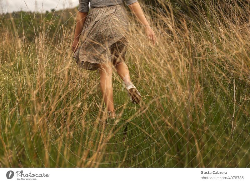 Legs of a woman in dress walking through the grass. adult attractive beautiful beauty closeup female feminine freedom girl happy lifestyle lifestyle people