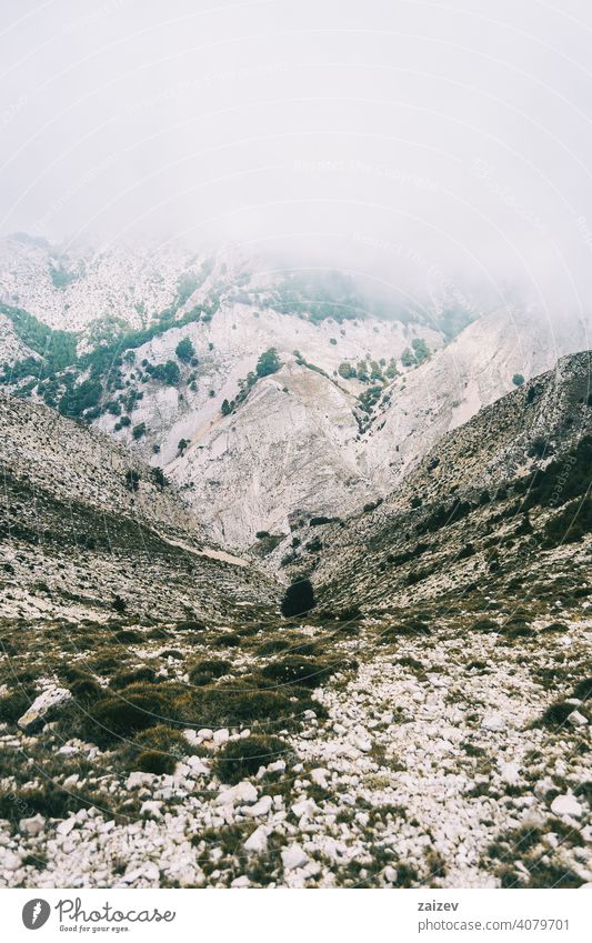 cloudy day with fog in the mountains of the natural park of the ports, in tarragona (spain) eroded layered canyon nature outdoors travel destinations descent