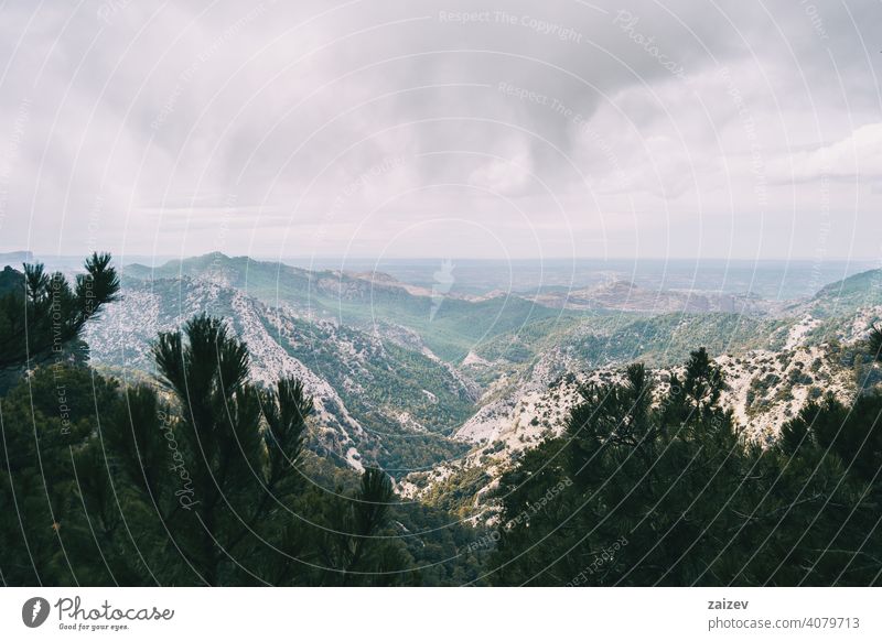 cloudy day with fog in the mountains of the natural park of the ports, in tarragona (spain) eroded layered canyon nature outdoors travel destinations descent