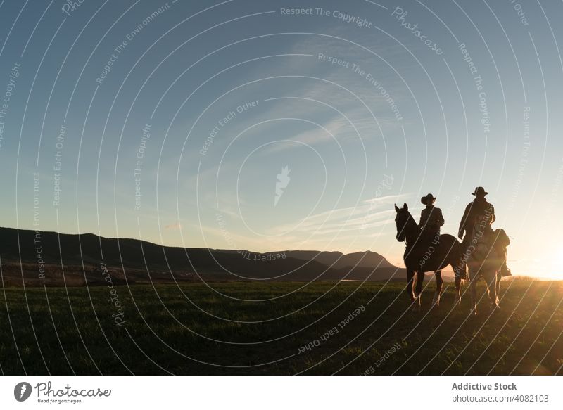 People riding horses people ranch sunset sky evening man woman gesture sport horseback equestrian lifestyle leisure recreation domestic fun animal creature joy