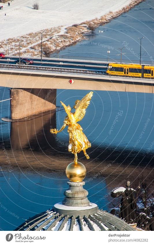 Dresden in winter: Angel on citrus press in color Deep depth of field Sunlight Light (Natural Phenomenon) Contrast Shadow Day Copy Space top Copy Space right