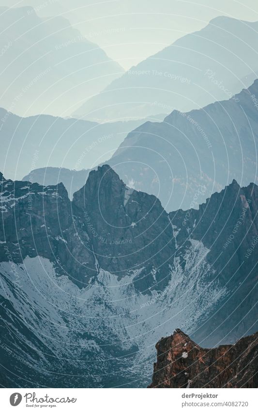 Panoramic view from the Zugspitze IV Snowscape Structures and shapes Austria Environmental balance Polluter Destruction Glacier Snowcapped peak Rock Mountain