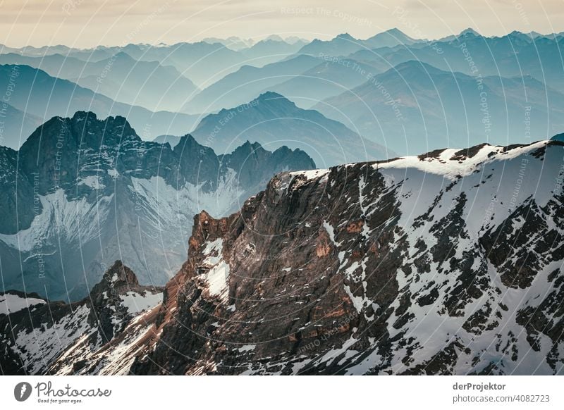 Panoramic view from the Zugspitze III Snowscape Structures and shapes Austria Environmental balance Polluter Destruction Glacier Snowcapped peak Rock Mountain