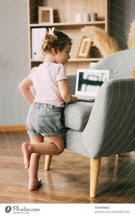 A charming girl is playing or watching cartoons on her laptop. Childhood, recreation, cartoon time little child computer looking online internet cute cheerful