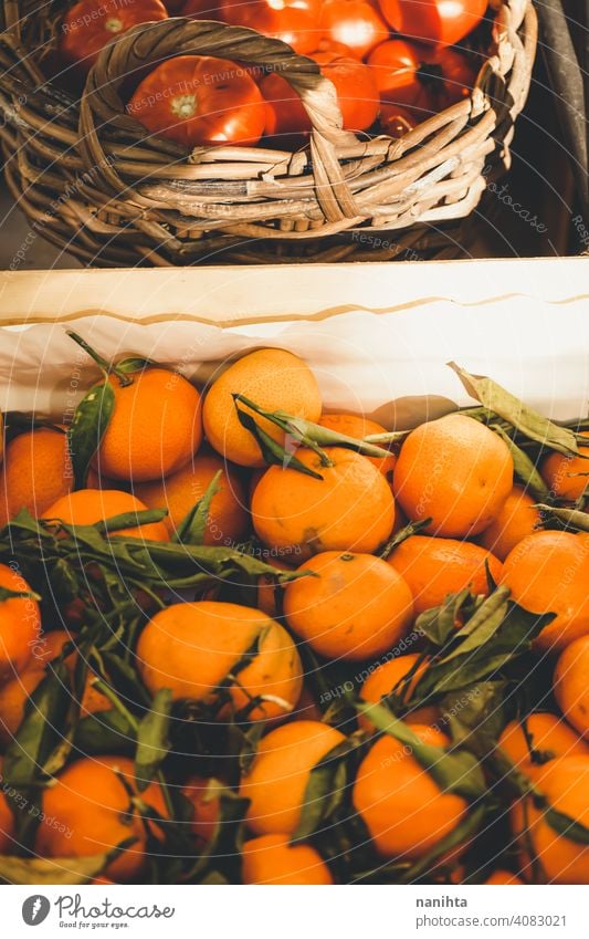 Valencia, Spain, delicious seasonal clementines tangerine fruit sweet food raw harvest healthy vitamin citrus citric many abundance orange green leave organic