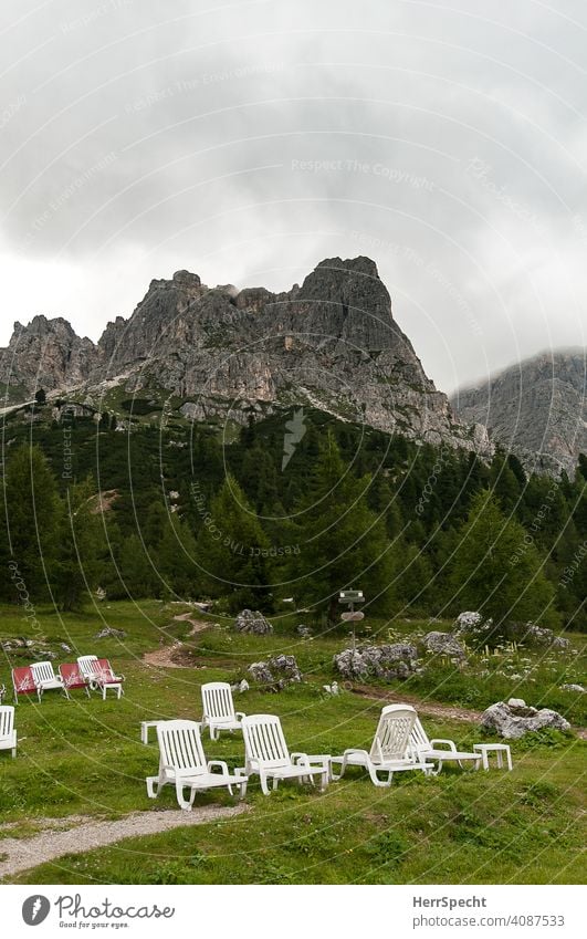 Deckchairs in the high mountains vacation Mountain Alps Vacation & Travel Clouds Peak Landscape Tourism Deserted Panorama (View) Rock Relaxation Recreation area