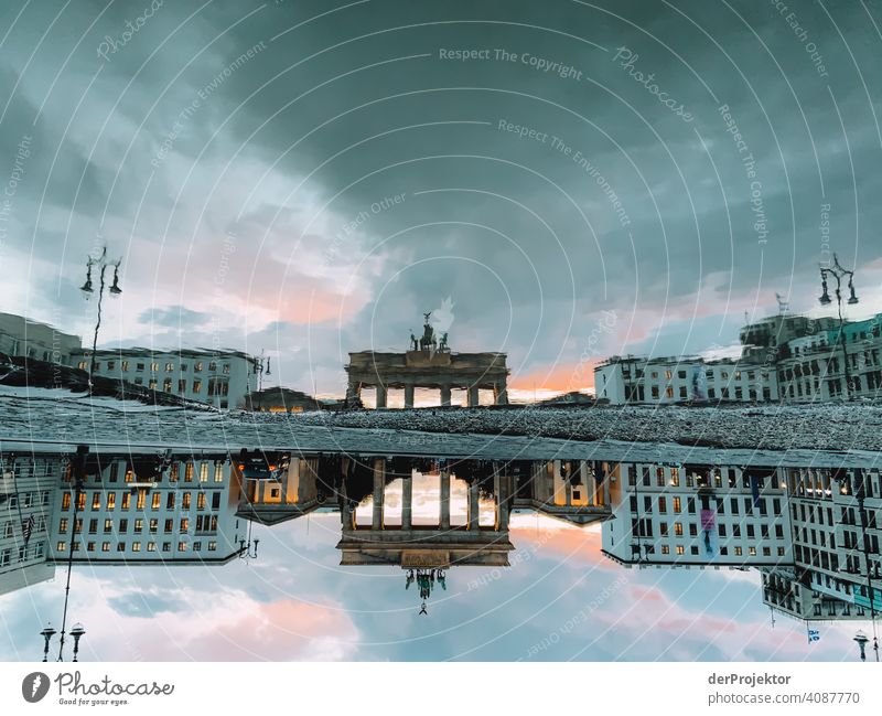 Brandenburger Tor in der Reflektion einer Pfütze III Central perspective Reflection Shadow Copy Space top Twilight Artificial light Light Copy Space right