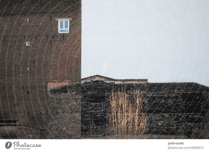 old wall meets new facade Fire wall Window Brick Facade Structures and shapes Architecture Ravages of time Weathered Gloomy Symmetry Style Silhouette