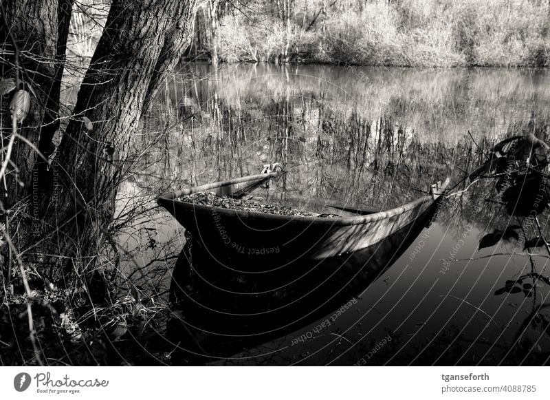 sunken boat Old submerged foliage Tree Exterior shot Forest Landscape Day forsake sb./sth. Forget Watercraft fishing boat Water reflection Fishing boat Doomed