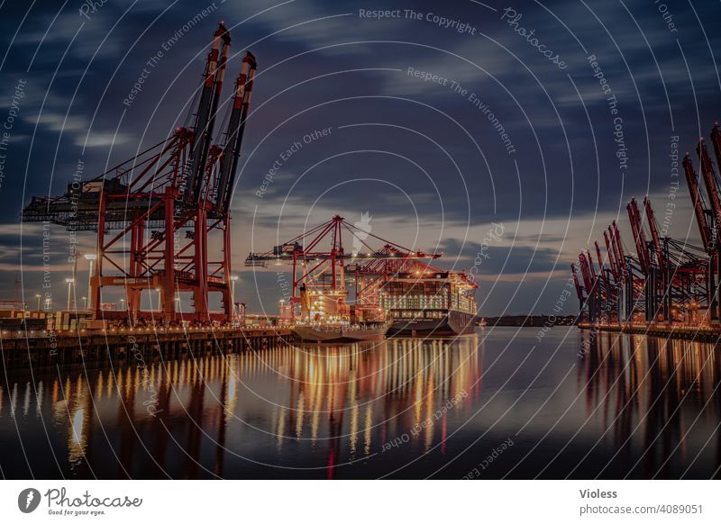 At night in Hamburg - Burchardkai Harbour terminal burchardkai Container clearer Long exposure crane ship Container ship Navigation Night Dark loading Unload