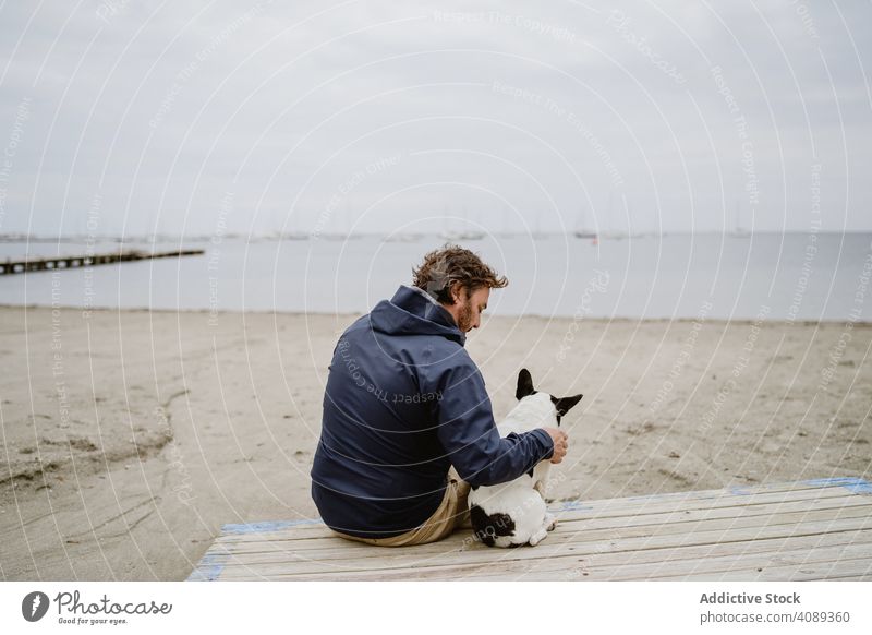 Man and dog resting on beach together man pier sitting embracing admiring sea pet french bulldog male owner fun animal water adult casual friend canine purebred