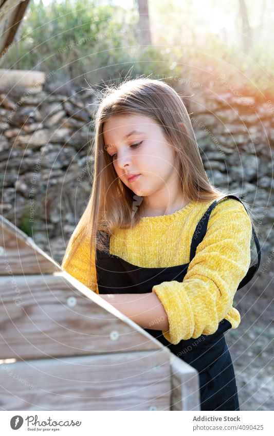 Girl standing near chicken nest girl farm raw fresh countryside help kid child chores household agriculture cute pretty fragile barn eggs poultry season little