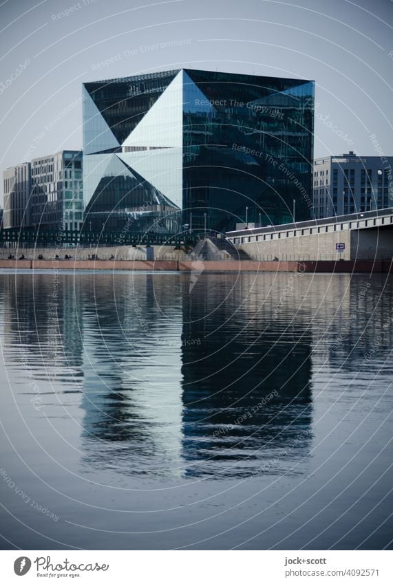 Cube on the quiet river Cube Berlin square structure Glas facade Reflection Structures and shapes Modern architecture Hugo Prussian Bridge River Spree