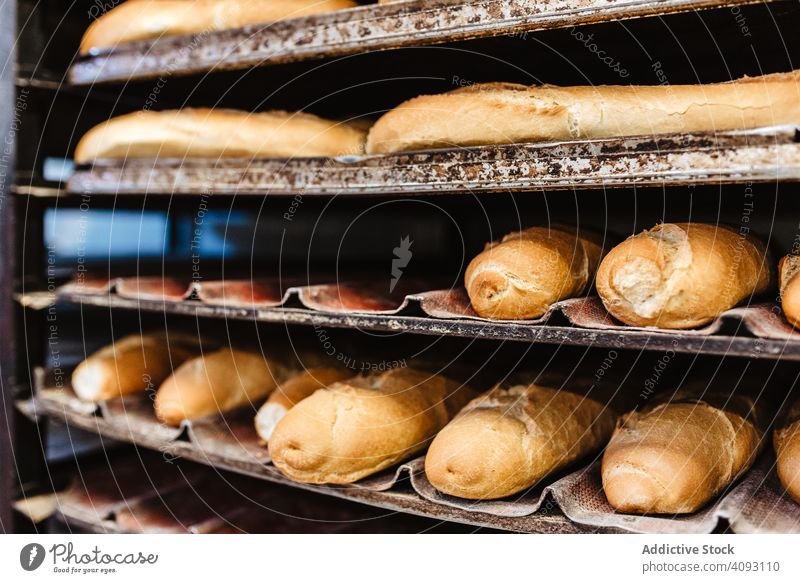 Shelves with fresh bread and buns bakery rack tray shelf pastry food loaf tasty delicious yummy crust many set quality small business preparation gourmet baked