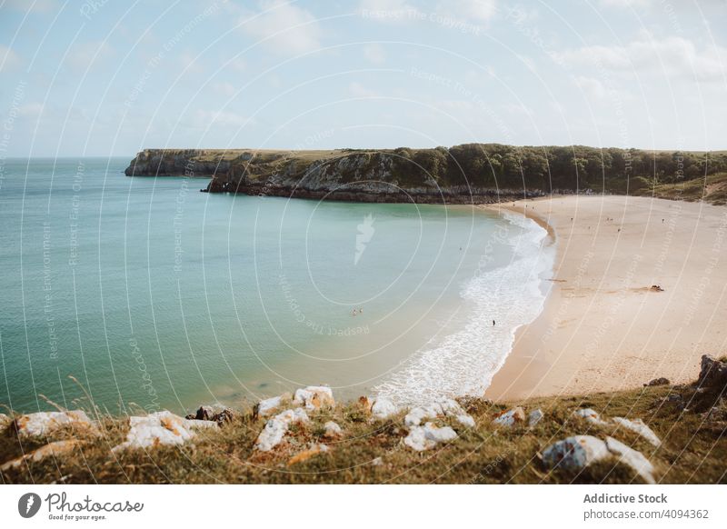 Sandy beach between long cliffs by sea landscape barafundle bay water rock travel destination resort trip tourism scenery seascape idyllic picturesque