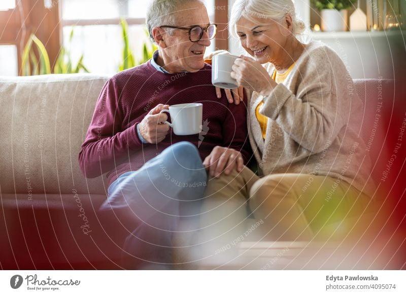 Portrait of a senior couple relaxing at home people woman adult mature casual attractive female smiling happy Caucasian toothy enjoying two people love