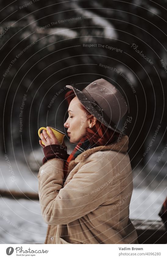 Boho Girl drinking tea Hat girl forest Winter Weather Fashion portrait cold boho boho style Scarf White Beautiful people woman female fashion nature pretty