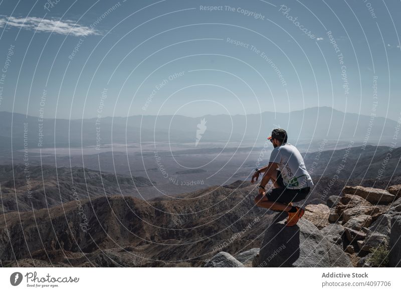 Tourist gazing while standing on edge of picturesque canyon tourist gaze cliff mountain range man contemplating summer usa hot backpack scenic greenery blue sky