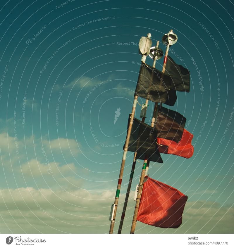 fluttering imprisonment Sign Wind Judder Blow Flag Red Watercraft Fishing boat Harbour Exterior shot Day Sunlight Ocean Sky Colour photo Signs and labeling