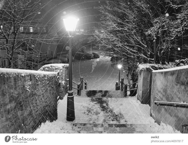 Temperature drop Stairs Wall (building) Wall (barrier) Winter Environment Mysterious Dangerous Snowflake Town Idyll Fluffy Exterior shot Detail