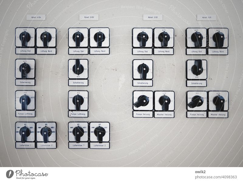 Shift and Walt Technology Metal Plastic Data display Measuring instrument Digits and numbers Many Switch Exterior shot Detail Close-up Deserted Simple Lever