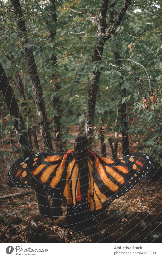 Woman in butterfly costume in forest woman dance wing cape tree nature hill female tender elegance graceful bug insect imitation lush foliage slope apparel