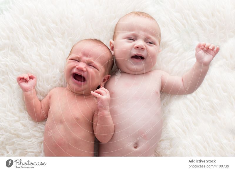 Tender small babies resting on bed at home infant baby newborn lying relax together tiny tender plaid child little adorable care kid sibling sweet love