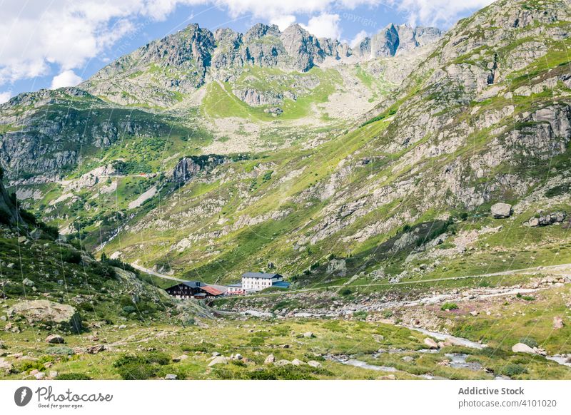 Picturesque idyllic mountain landscape in Switzerland picturesque meadow peak scenery alps switzerland green nature tourism rural summer grass amazing