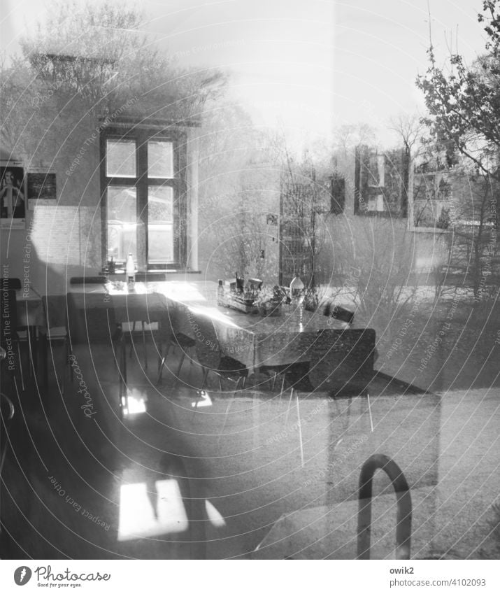 nobody there interior Window indiscreet Kitchen Table Window pane Reflection Spy Black & white photo Glass Deserted Interior shot Light Exterior shot Day Slice