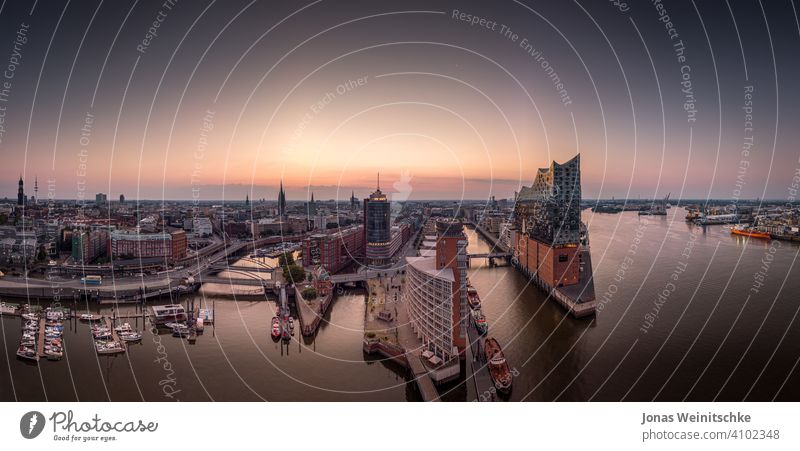 Panorama of the Hafencity and Speicherstadt in Hamburg in the morning hamburg aerial landungsbrücken germany sights speicherstadt historical architecture