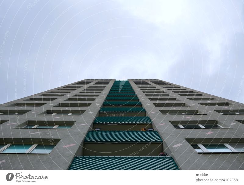 Symmetrical high-rise facade with balconies facing the sky House (Residential Structure) Concrete Architecture Marzahn Building Facade Balcony