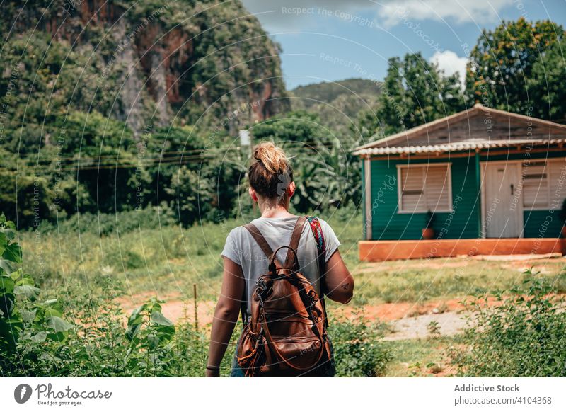 Anonymous female tourist at countryside on sunny day woman travel summer tourism casual backpack explore discovery green plants tree exotic tropical lady rural