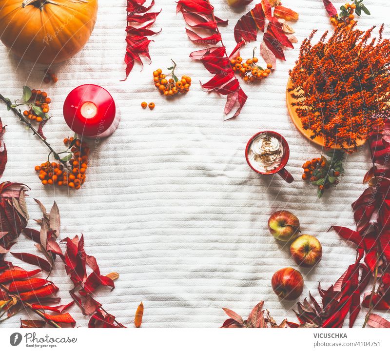 Autumn frame made with pumpkins, red fall leaves, cappuccino, candles and apples on white blanket. Top view. Flat lay autumn top view flat lay branch cozy