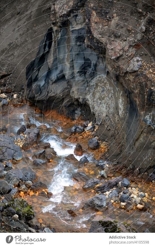 Scenic landscape of mountain river in Iceland volcanic terrain nordic travel nature water tourism scenic stream beauty destination motion wild picturesque